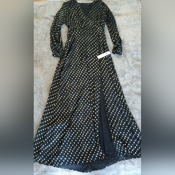 Eliza J NWT black chiffon maxi with gold dots and high slit - Picture 1 of 11